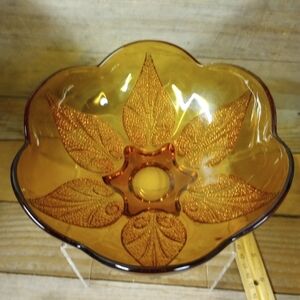 Indiana Glass Bowl Amber Raised Leaf Flower Petal Candy Trinket Dish Vintage